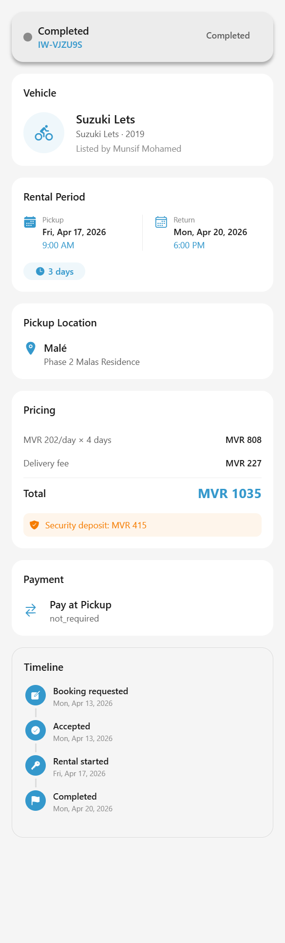 Completed vehicle rental booking detail with pricing and timeline in the Maldives