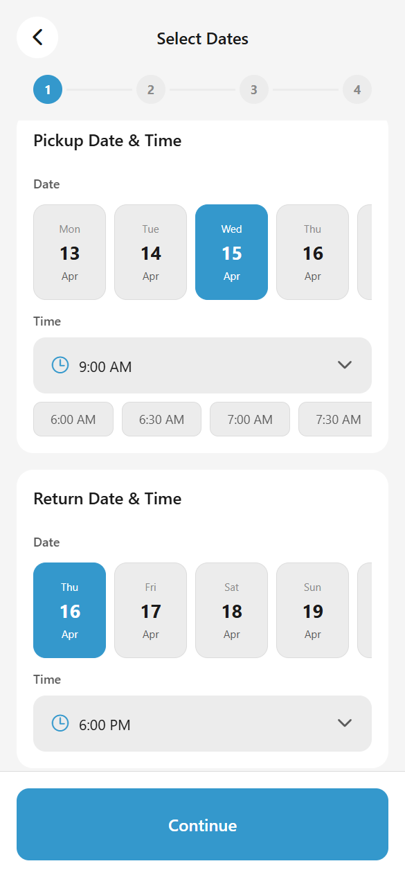Atovo booking flow showing date and time selection for vehicle rental in the Maldives